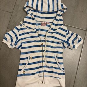 Vintage Juicy Couture blue and white striped terry short sleeved zip up